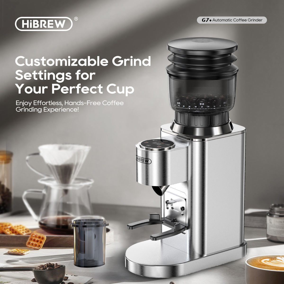 automatic coffee grinder with customizable grind settings for espresso or pour-over.