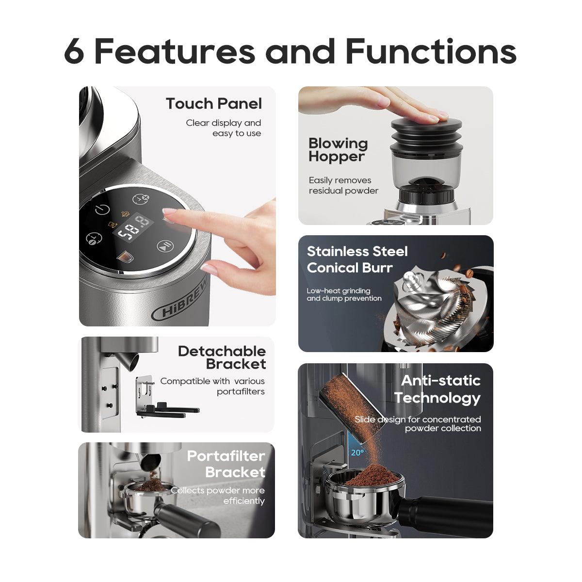 touch panel, stainless steel burr, anti-static tech, and detachable bracket.
