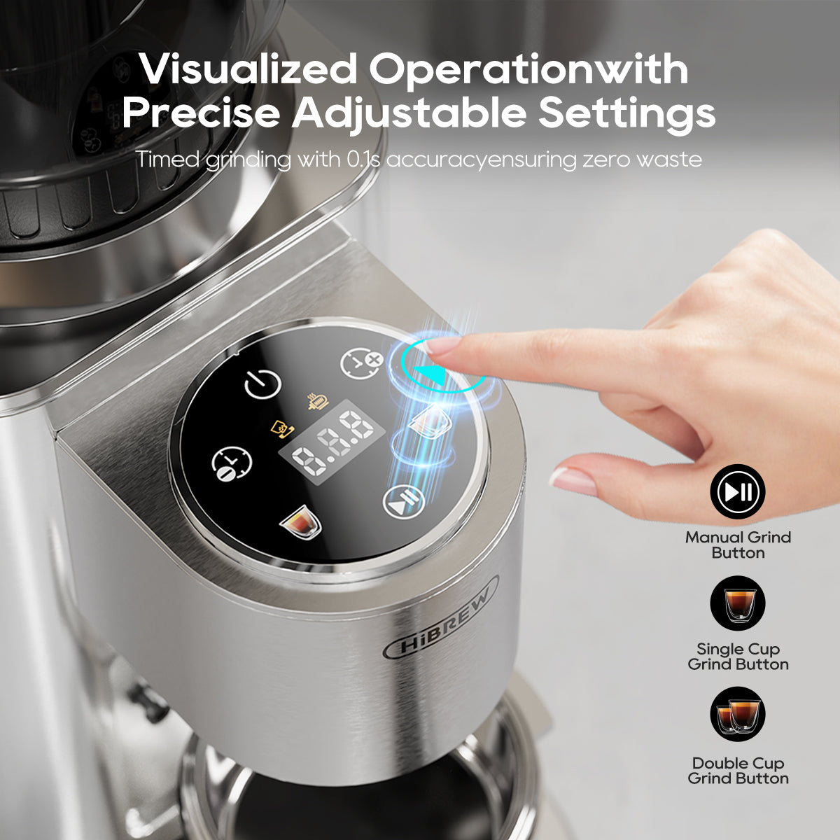 control panel with 0.1s timed grinding, manual/auto modes, and single/double cup buttons
