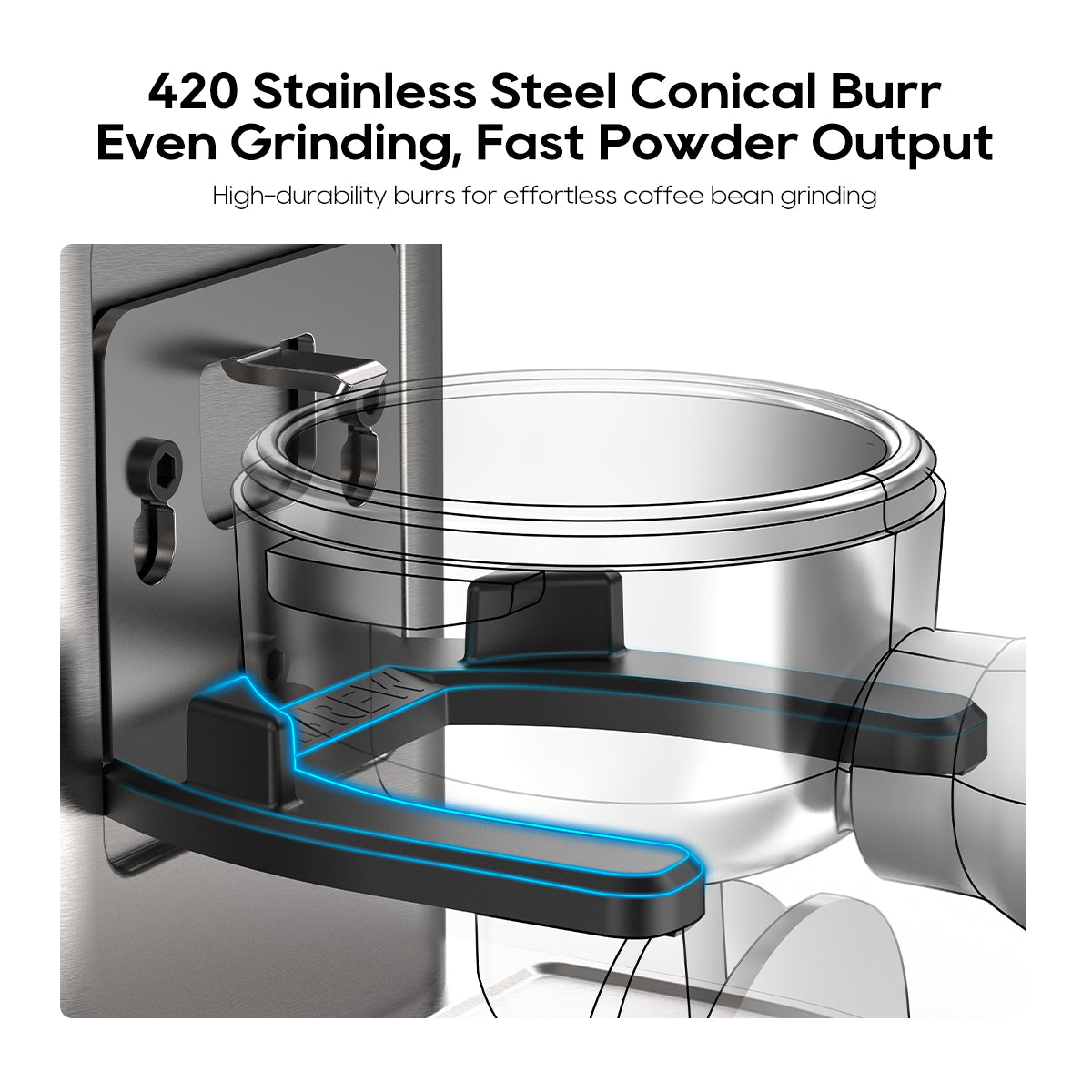 420 stainless steel conical burr for low-heat, even coffee grinding in HIBREW G7.