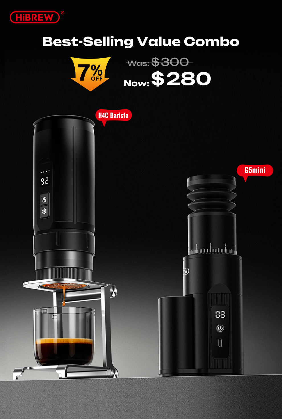 HiBREW G5mini Wireless Portable Coffee Grinder | 38mm Stainless Steel Conical Burr | 100-Step Stepless Adjustment | Type-C Fast Charging | Home/Outdoor/Office Use