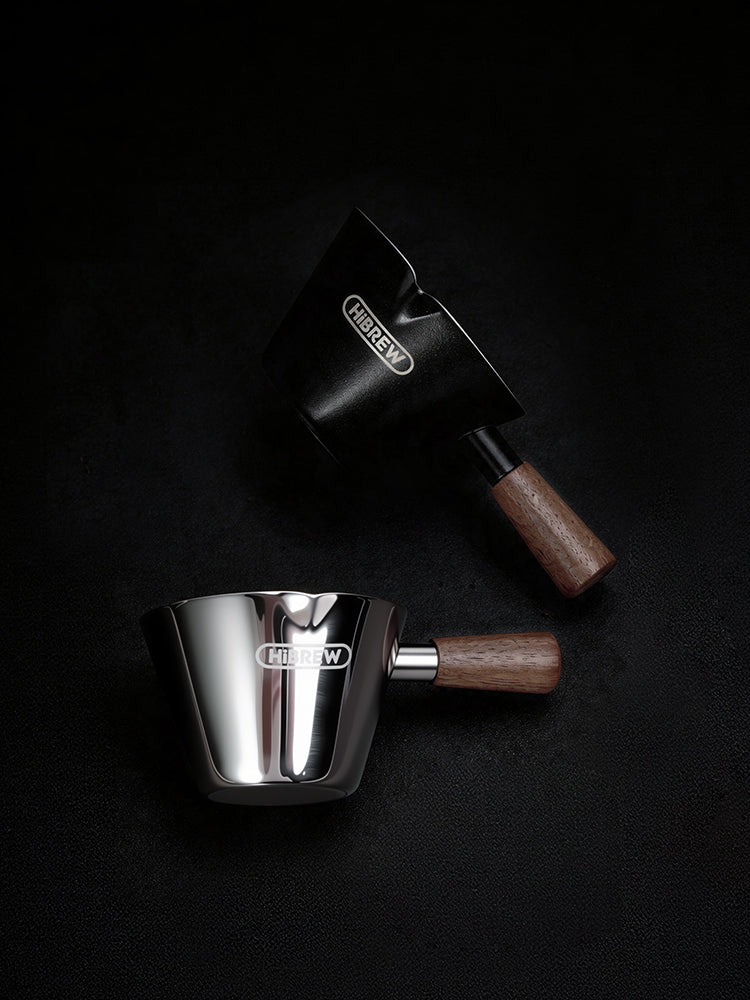 HiBREW 100ml Stainless Steel Espresso Shot Cup with Wooden Handle Ergonomic Coffee Measuring Pitcher