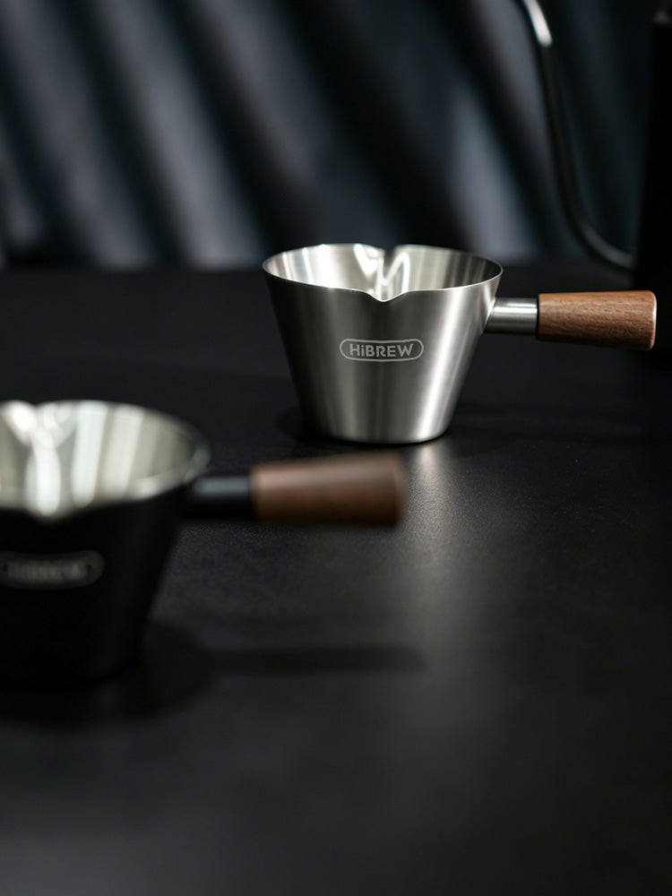 HiBREW 100ml Stainless Steel Espresso Shot Cup with Wooden Handle Ergonomic Coffee Measuring Pitcher