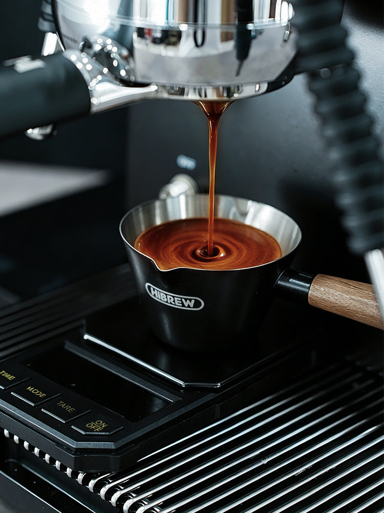 HiBREW 100ml Stainless Steel Espresso Shot Cup with Wooden Handle Ergonomic Coffee Measuring Pitcher