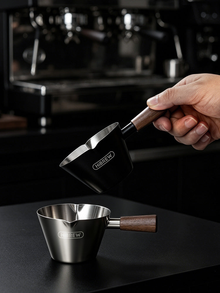 HiBREW 100ml Stainless Steel Espresso Shot Cup with Wooden Handle Ergonomic Coffee Measuring Pitcher