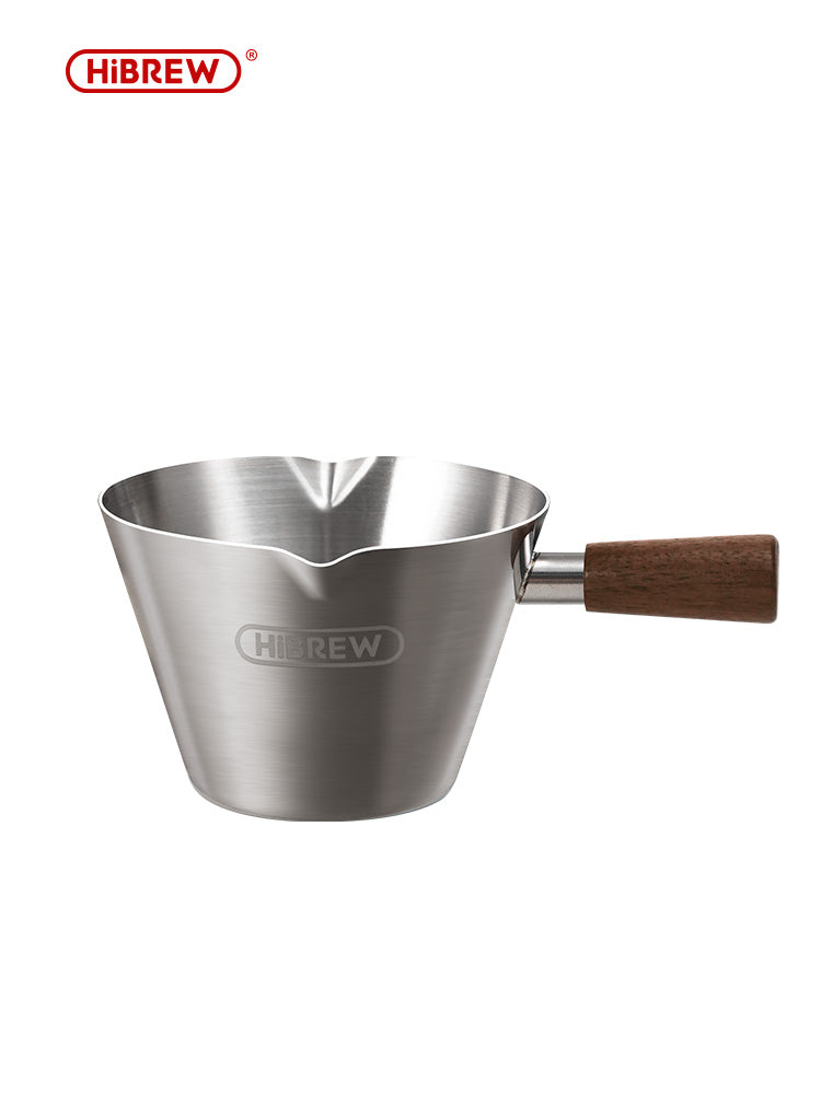 HiBREW 100ml Stainless Steel Espresso Shot Cup with Wooden Handle Ergonomic Coffee Measuring Pitcher